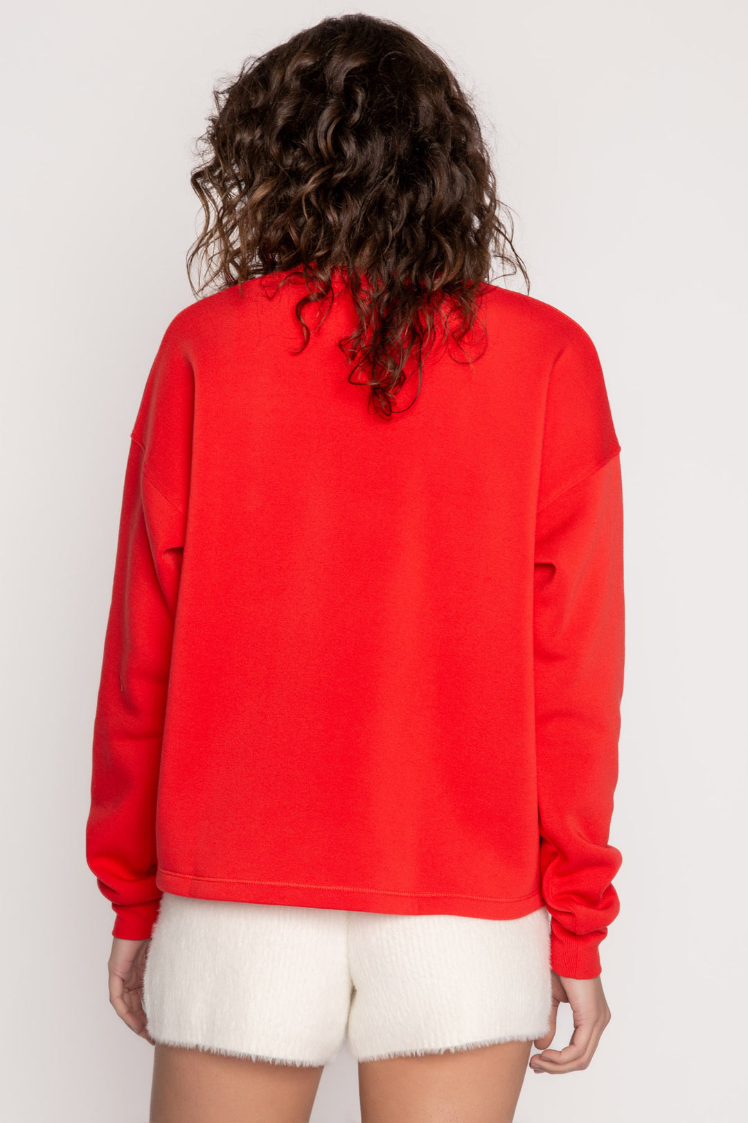 Red fleece pullover top with 'Cabins & Cocktails' script embroidery at chest in ivory. (7257678446692)