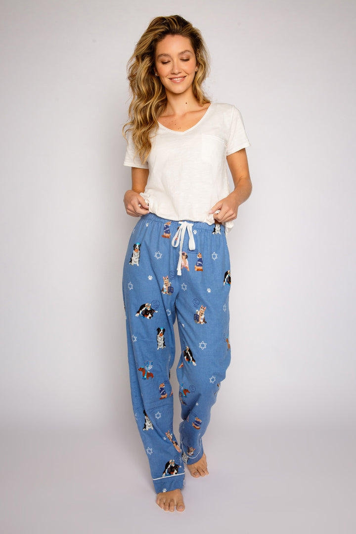 Cotton flannel pajama pant. Blue Hanukkah-dog theme print. Relaxed with tie waist. (7257678544996)
