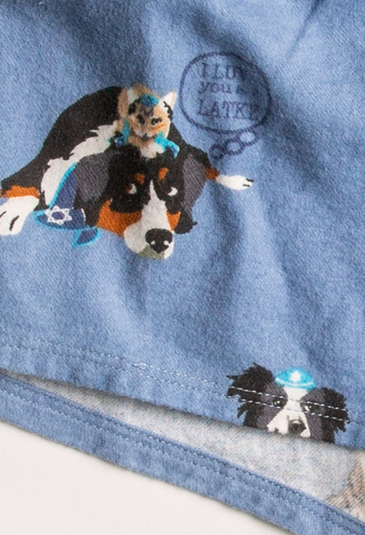 Cotton flannel pajama pant. Blue Hanukkah-dog theme print. Relaxed with tie waist. (7257678544996)