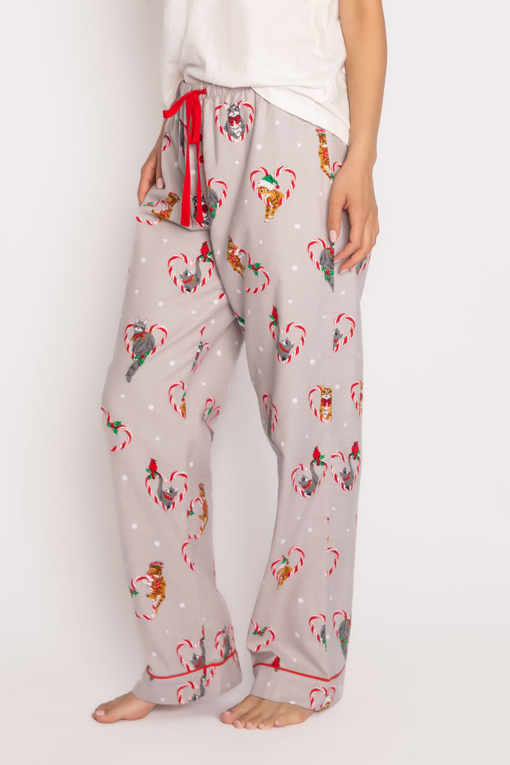 Cotton flannel pajama pant. Grey holiday cat-theme print. Relaxed with tie waist. (7257678610532)