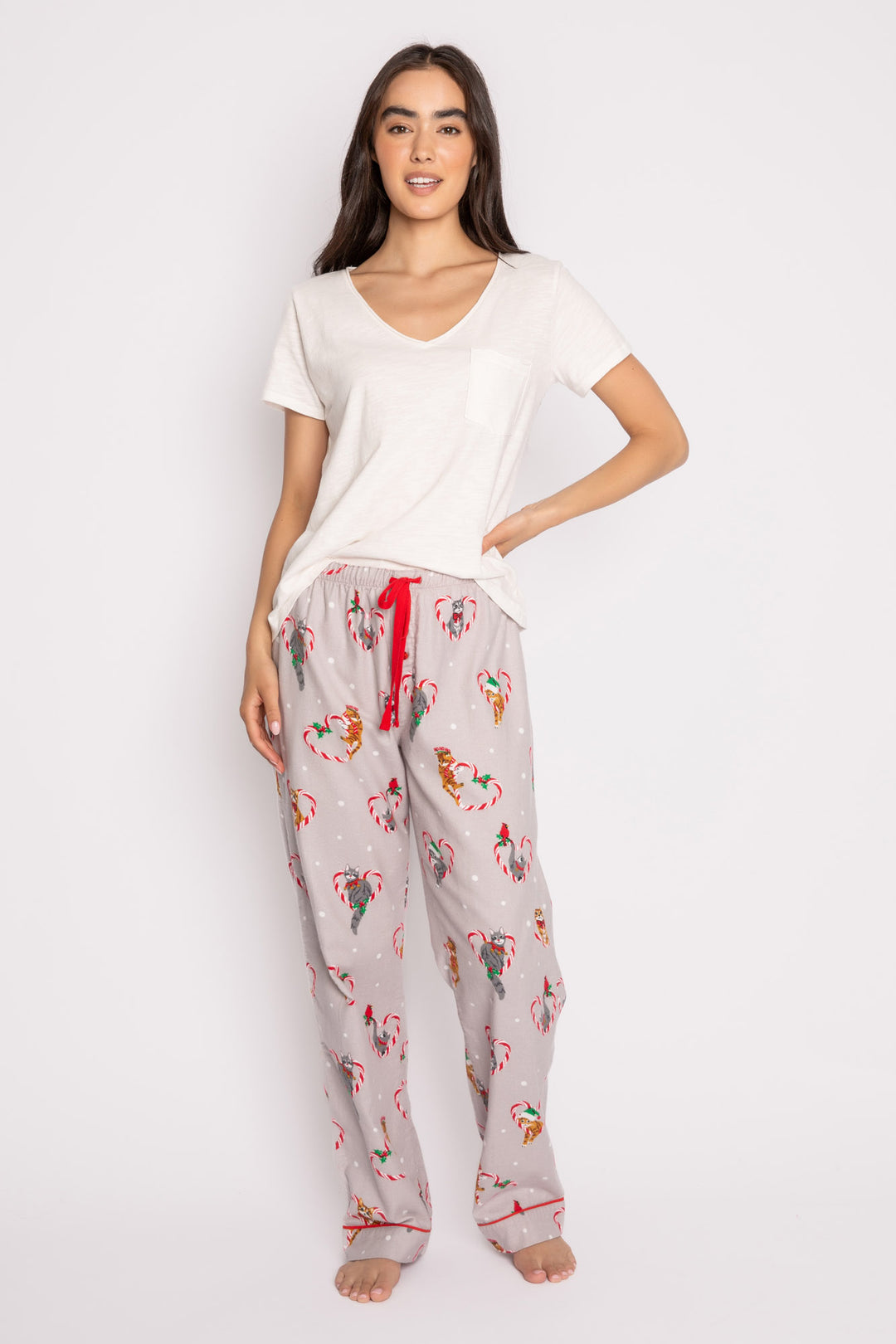 Cotton flannel pajama pant. Grey holiday cat-theme print. Relaxed with tie waist. (7257678610532)