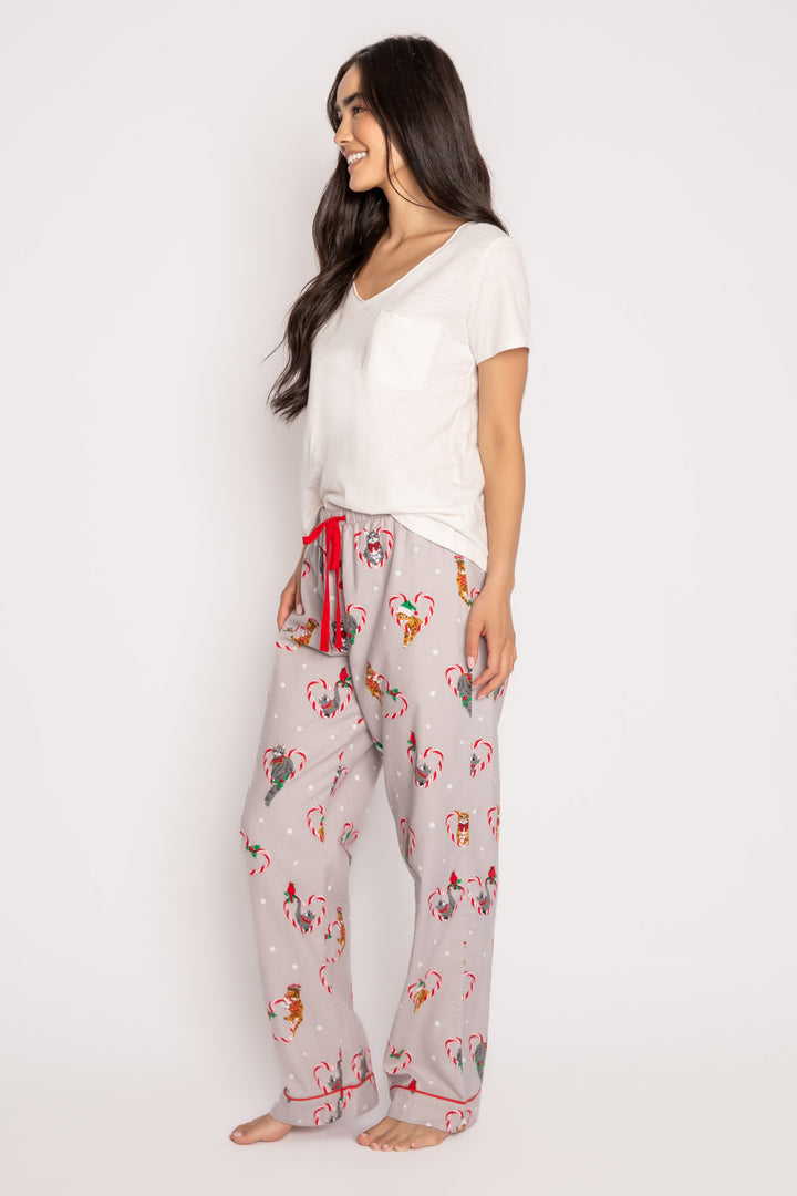 Cotton flannel pajama pant. Grey holiday cat-theme print. Relaxed with tie waist. (7257678610532)
