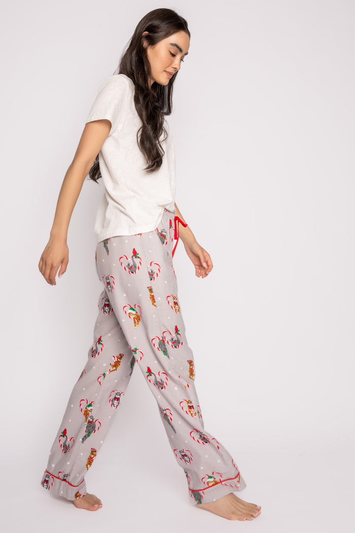 Cotton flannel pajama pant. Grey holiday cat-theme print. Relaxed with tie waist. (7257678610532)