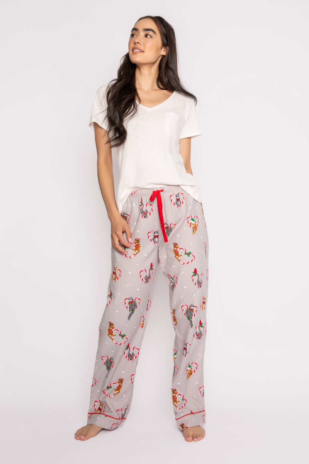 Cotton flannel pajama pant. Grey holiday cat-theme print. Relaxed with tie waist. (7257678610532)