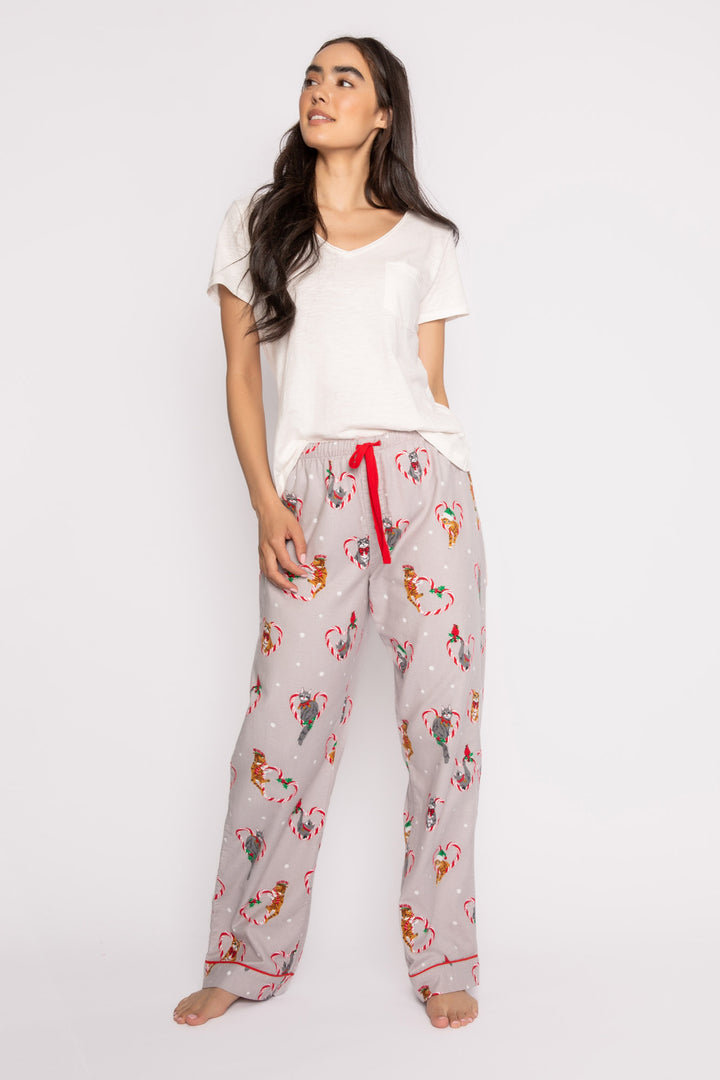 Cotton flannel pajama pant. Grey holiday cat-theme print. Relaxed with tie waist. (7257678610532)