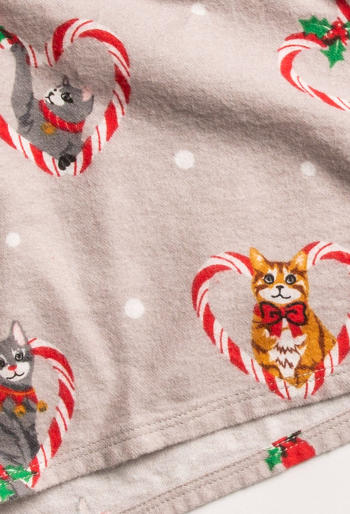 Cotton flannel pajama pant. Grey holiday cat-theme print. Relaxed with tie waist. (7257678610532)