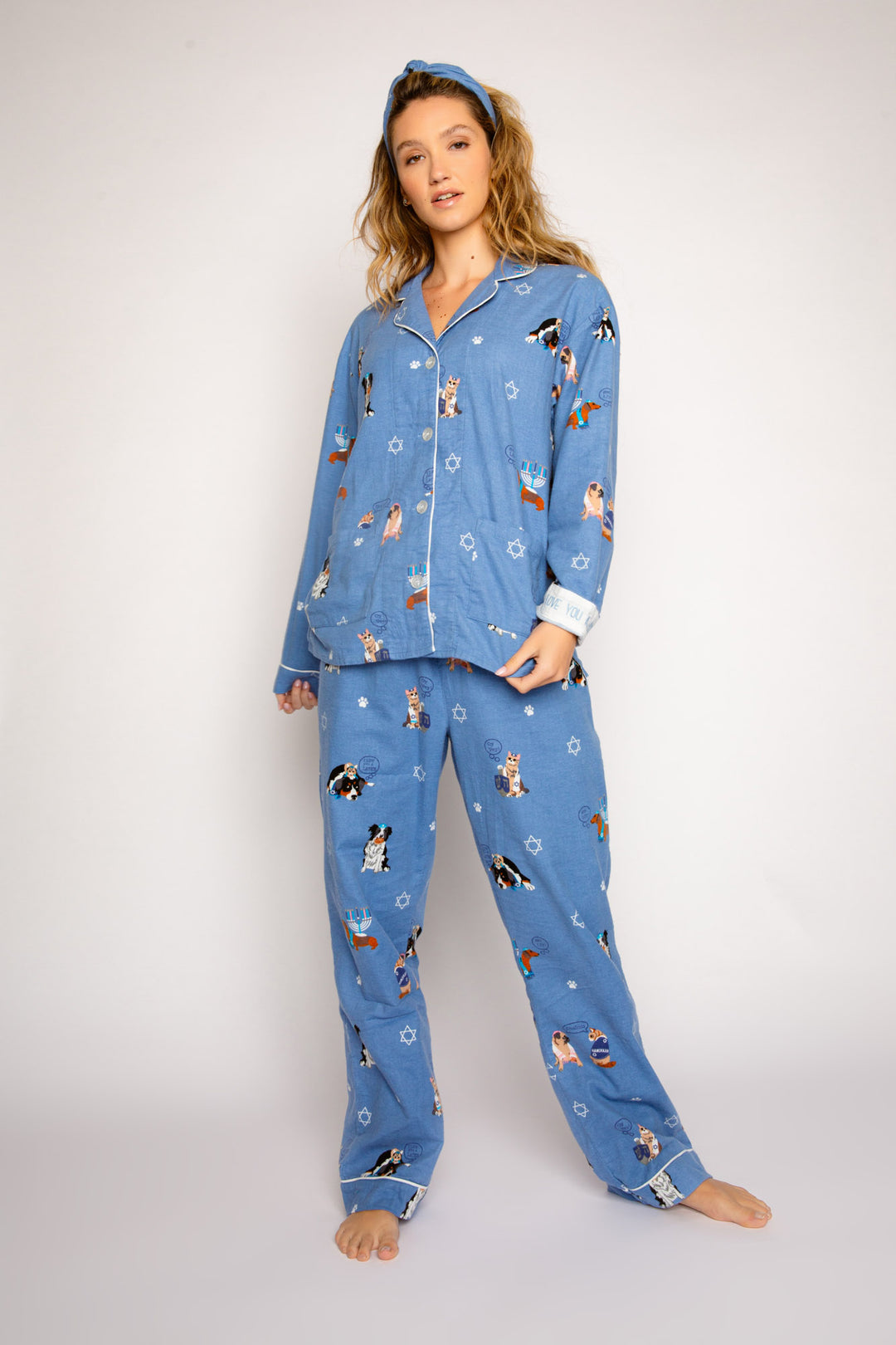 Cotton flannel pajama set with hair wrap. Blue Hanukkah-dog theme print. Embroidered "Luv you a latke" (7257678643300)
