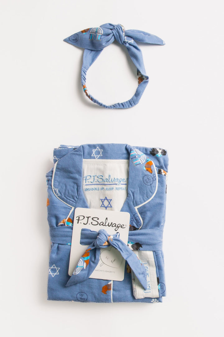 Cotton flannel pajama set with hair wrap. Blue Hanukkah-dog theme print. Embroidered "Luv you a latke" (7257678643300)