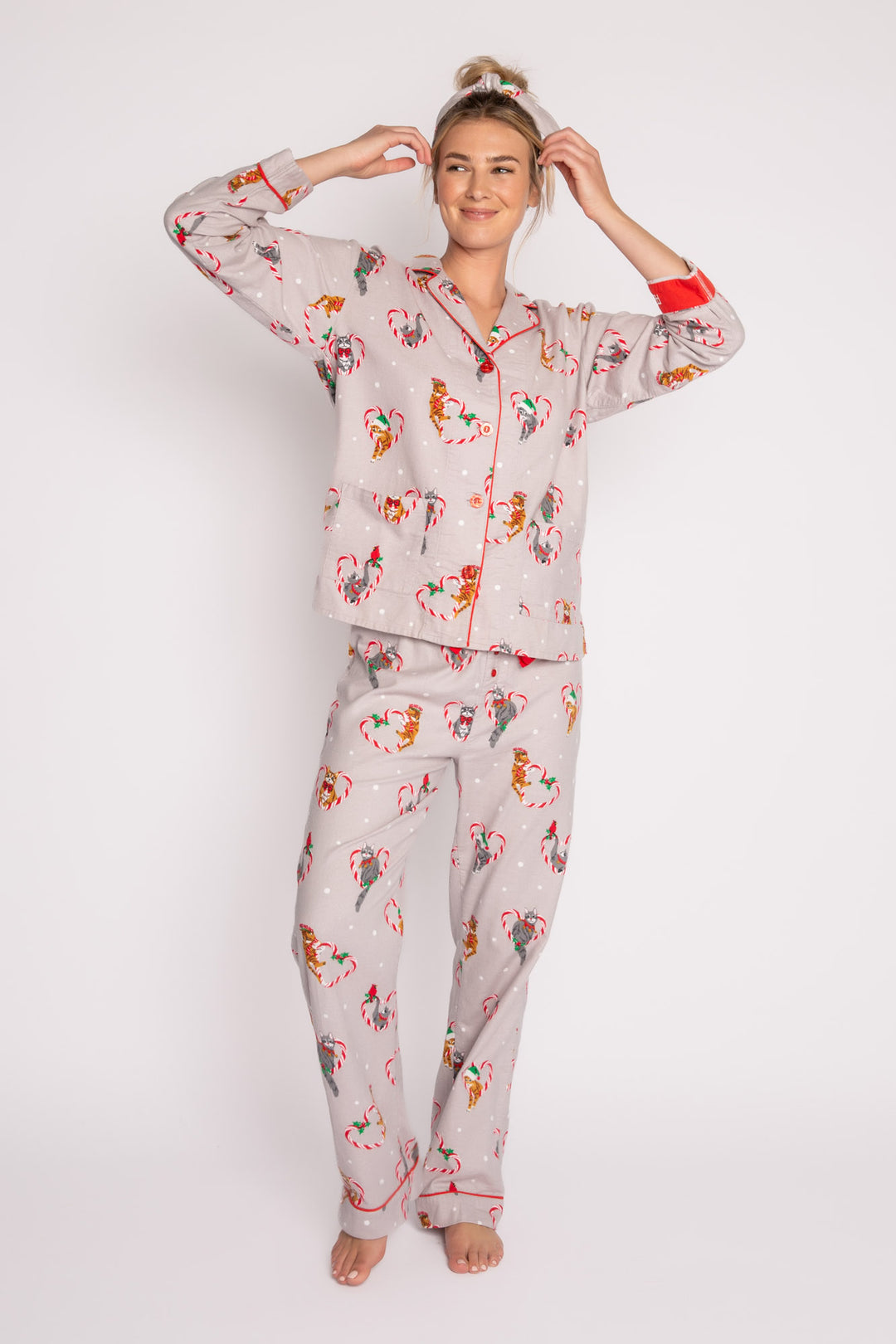Cotton flannel pajama set with hair wrap. Grey holiday cat-theme print. Embroidered "Feline Festive' (7257678708836)