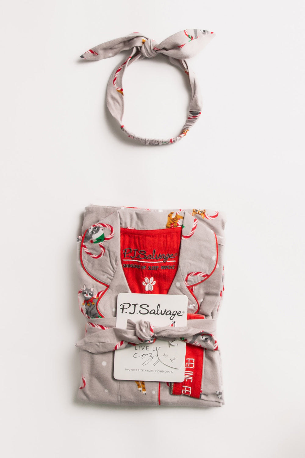 Cotton flannel pajama set with hair wrap. Grey holiday cat-theme print. Embroidered "Feline Festive' (7257678708836)