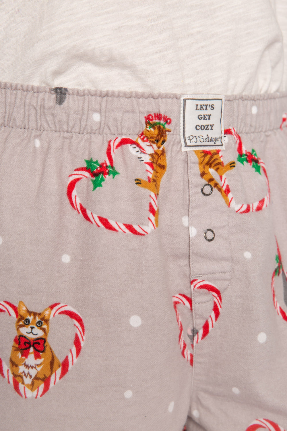 Cotton flannel boxer short. Grey holiday cat-theme print. Relaxed with elastic waist. (7257678807140)