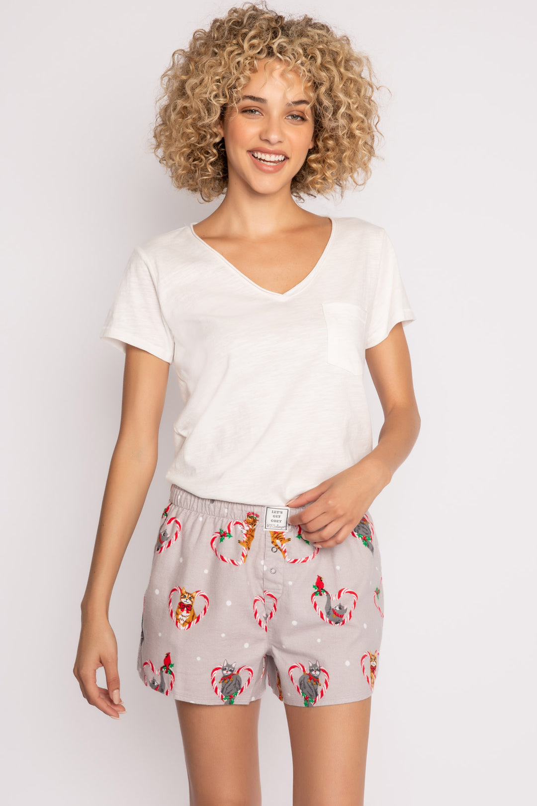 Cotton flannel boxer short. Grey holiday cat-theme print. Relaxed with elastic waist. (7257678807140)