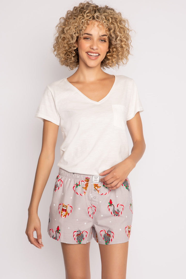 Cotton flannel boxer short. Grey holiday cat-theme print. Relaxed with elastic waist. (7257678807140)