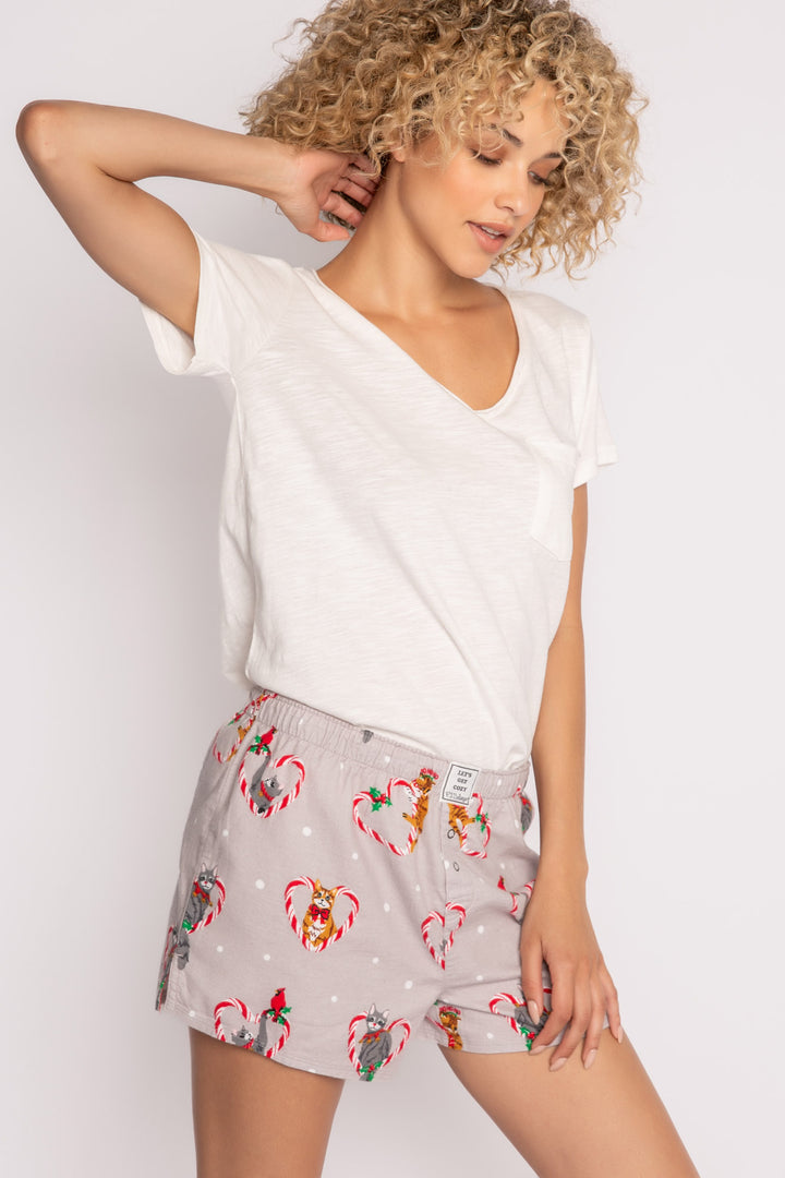 Cotton flannel boxer short. Grey holiday cat-theme print. Relaxed with elastic waist. (7257678807140)
