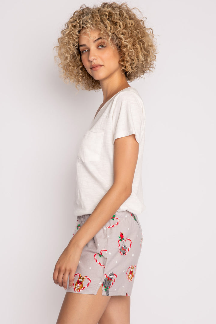 Cotton flannel boxer short. Grey holiday cat-theme print. Relaxed with elastic waist. (7257678807140)