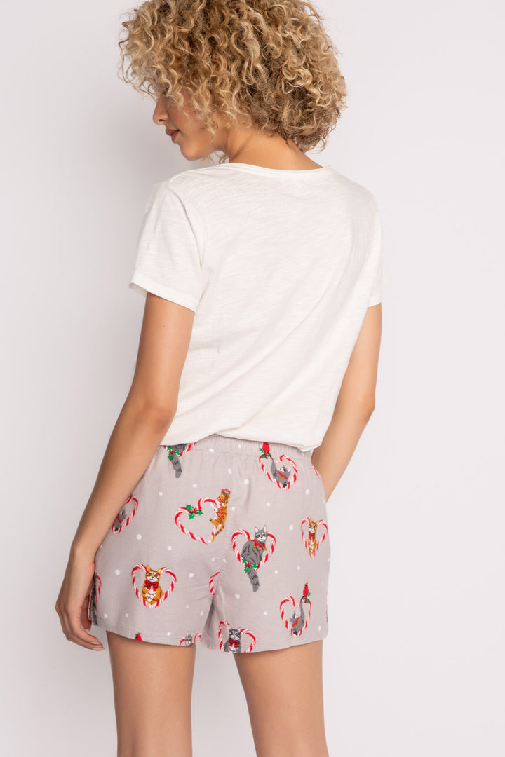 Cotton flannel boxer short. Grey holiday cat-theme print. Relaxed with elastic waist. (7257678807140)
