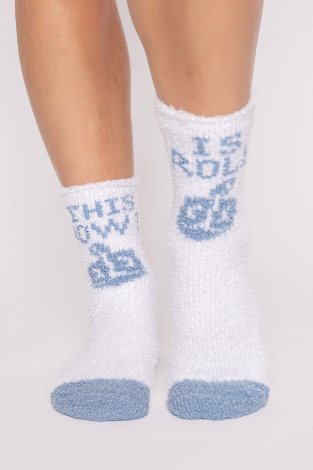 Ivory plush socks with blue 'This is how I roll' dreidel Hanukkah print. Gripper print on soles. (7257678905444)