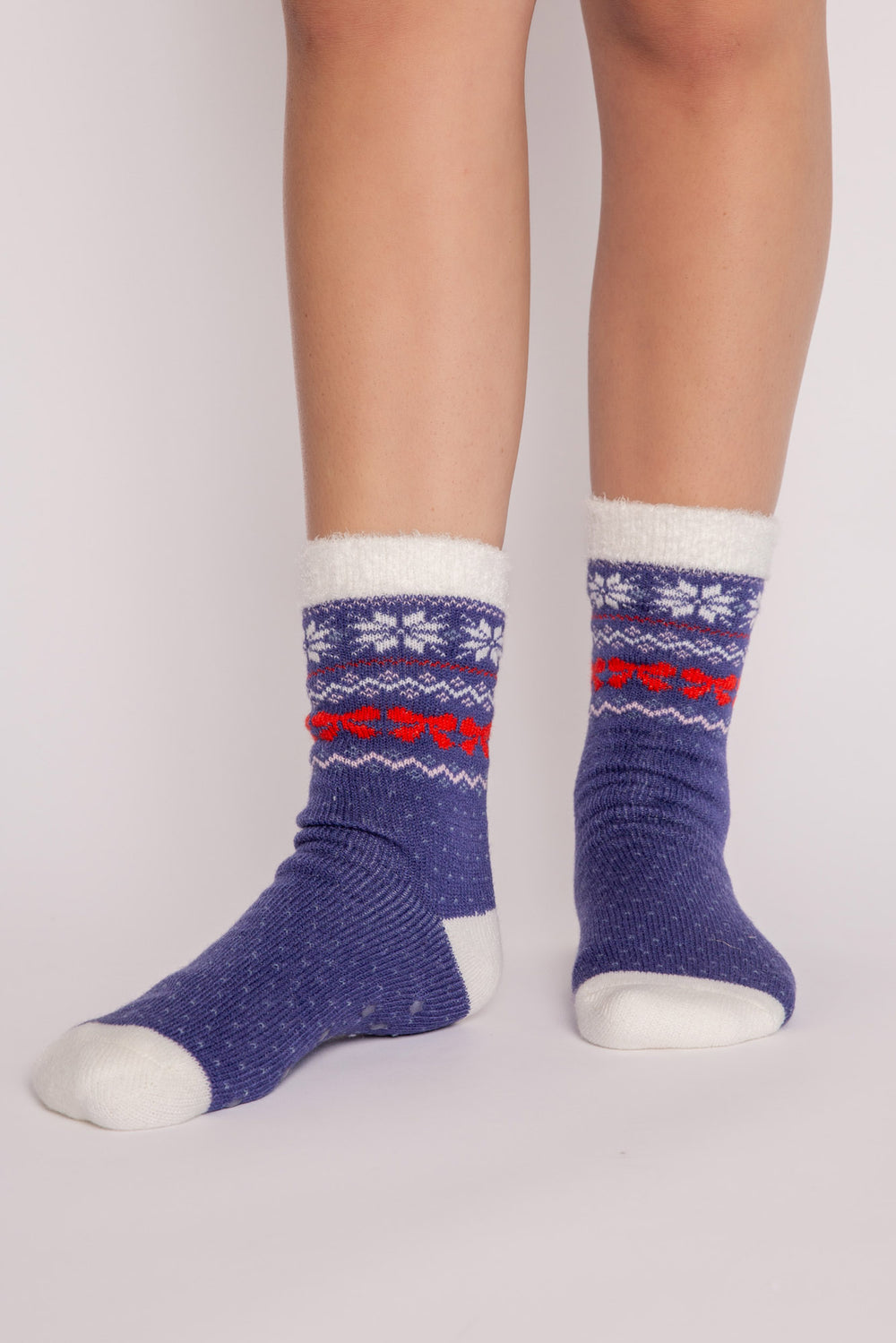 Blue plush socks with fair isle pattern & fleecy lining. Gripper print on soles for non-skid. (7257679200356)