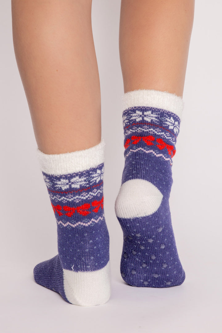 Blue plush socks with fair isle pattern & fleecy lining. Gripper print on soles for non-skid. (7257679200356)