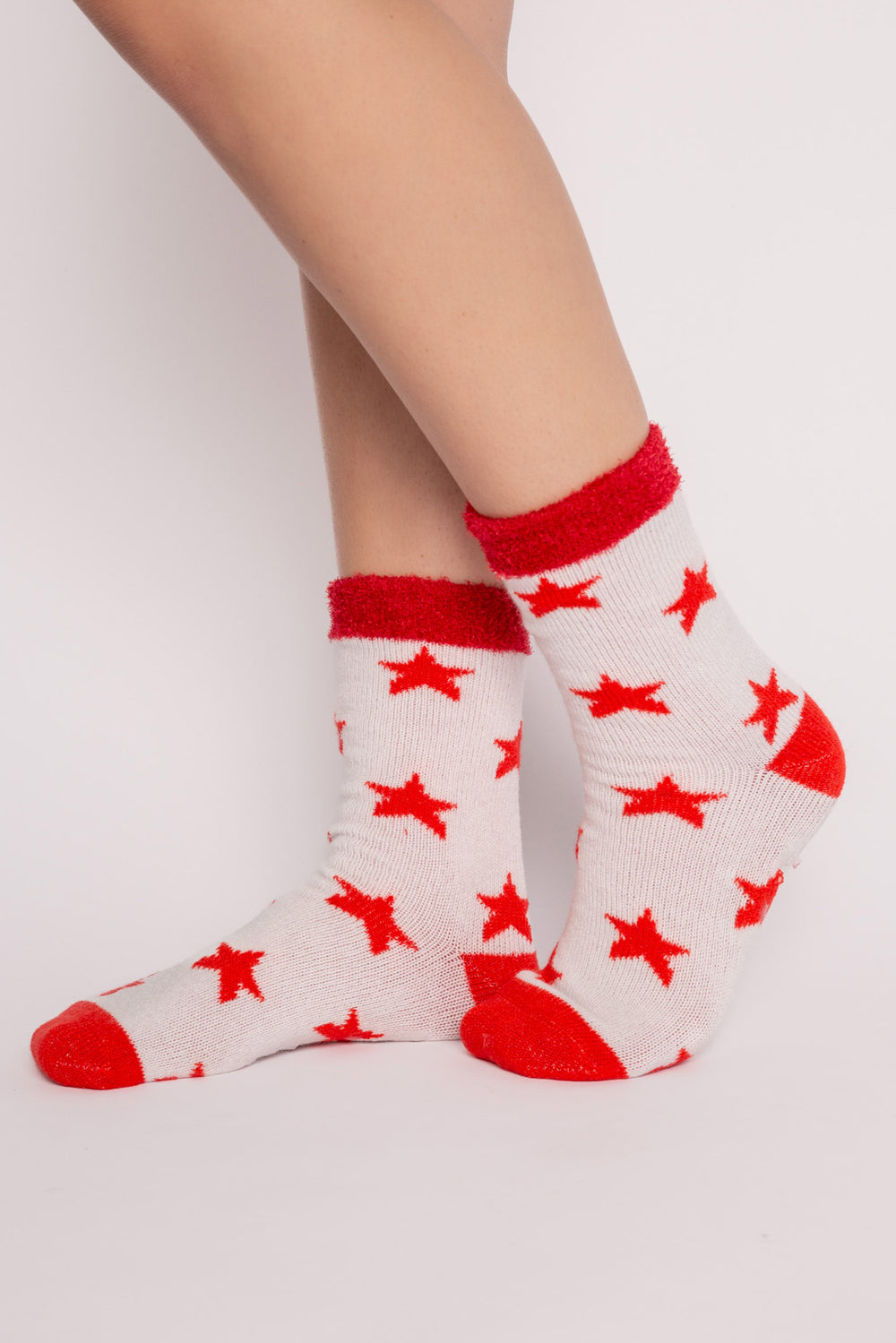 Ivory plush socks with red stars pattern & fleecy lining. Gripper print on soles for non-skid. (7257679167588)