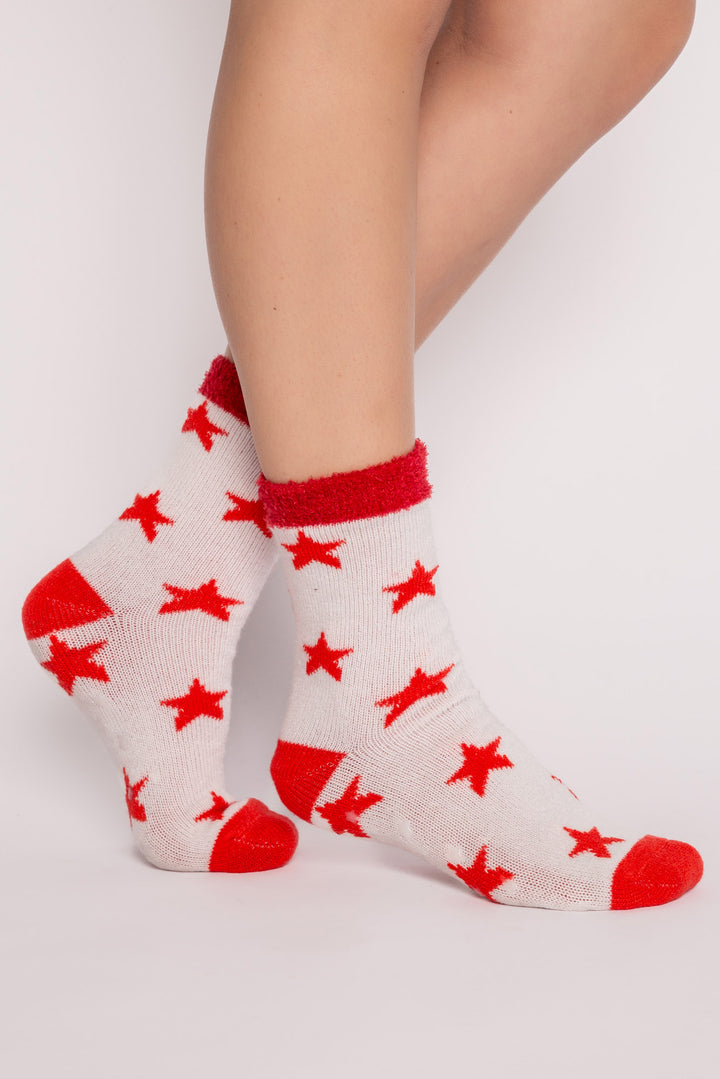 Ivory plush socks with red stars pattern & fleecy lining. Gripper print on soles for non-skid. (7257679167588)