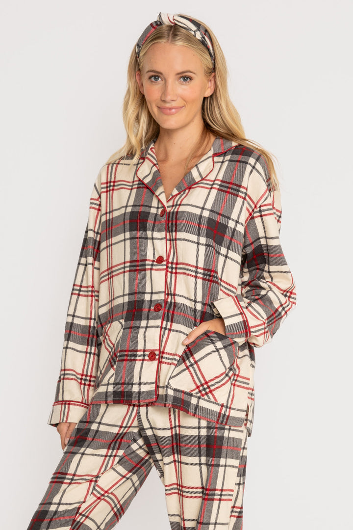Women's cotton flannel pajama set in tan-red-grey plaid. Button top & tie-waist pj pant, relaxed fit. (7257679233124)
