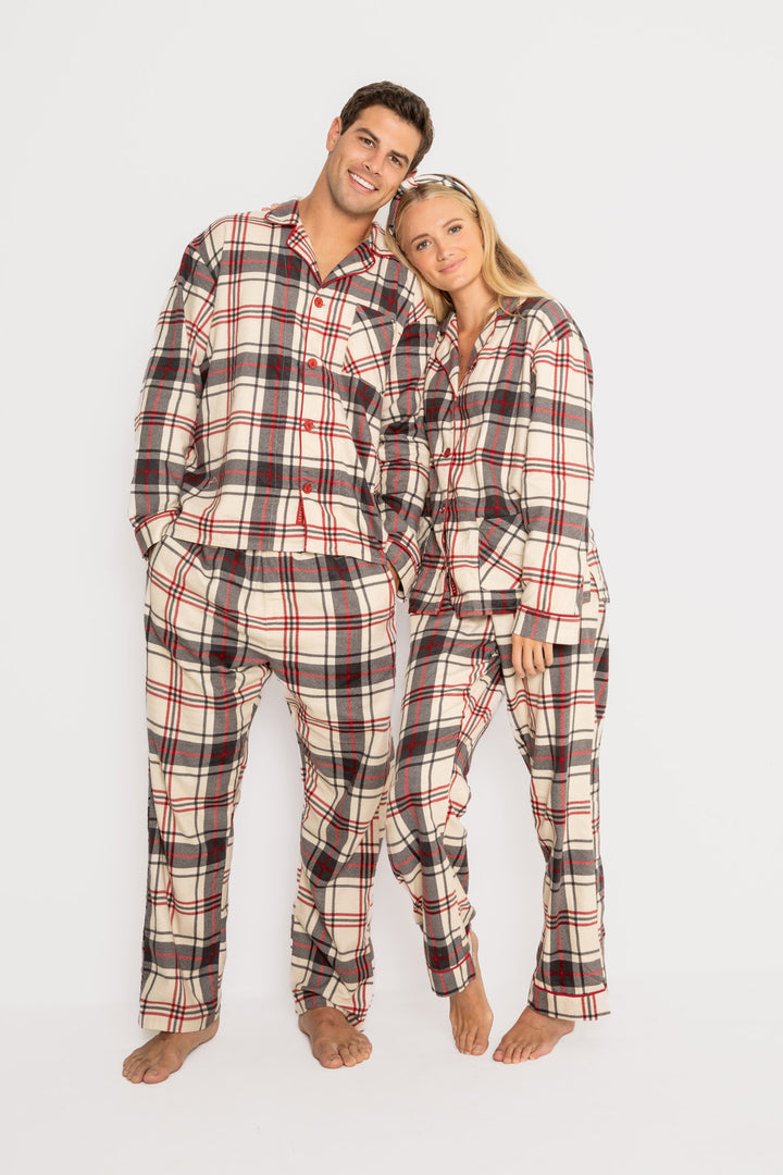 Women's cotton flannel pajama set in tan-red-grey plaid. Button top & tie-waist pj pant, relaxed fit. (7257679233124)