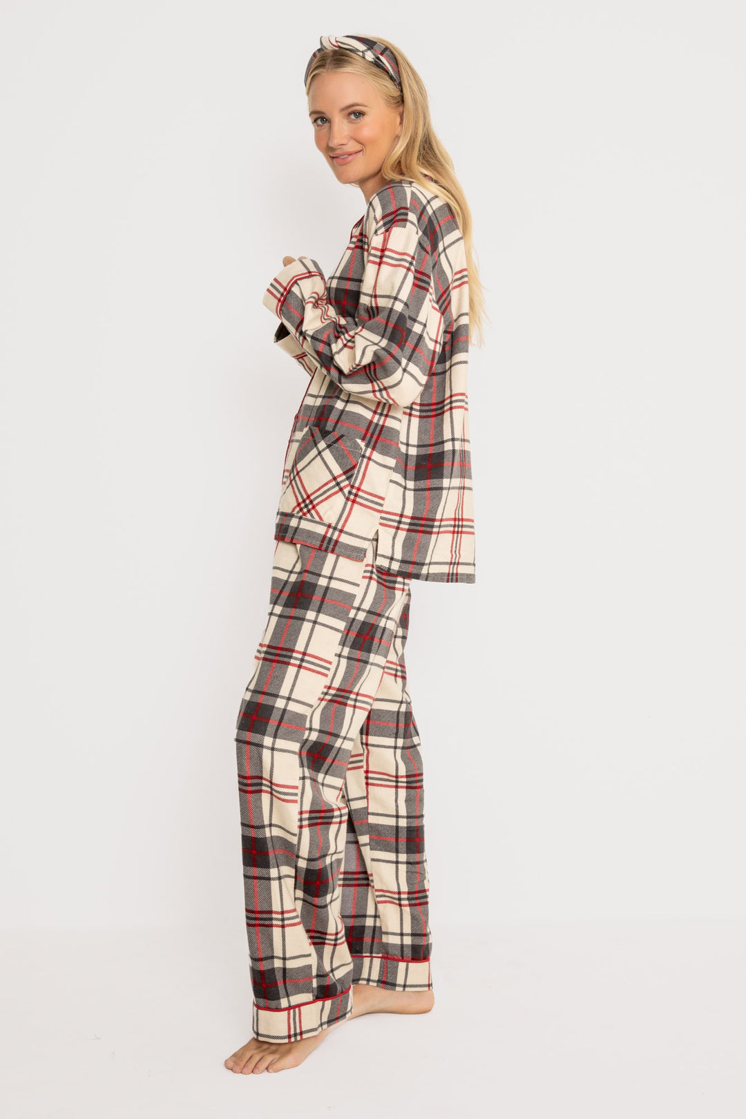 Women's cotton flannel pajama set in tan-red-grey plaid. Button top & tie-waist pj pant, relaxed fit. (7257679233124)