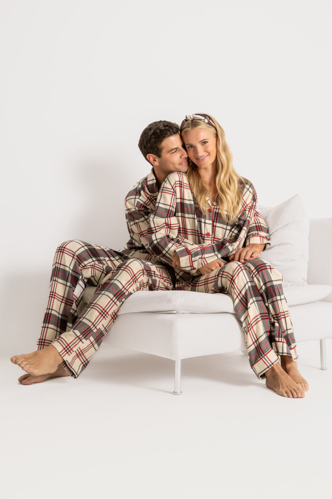 Women's cotton flannel pajama set in tan-red-grey plaid. Button top & tie-waist pj pant, relaxed fit. (7257679233124)