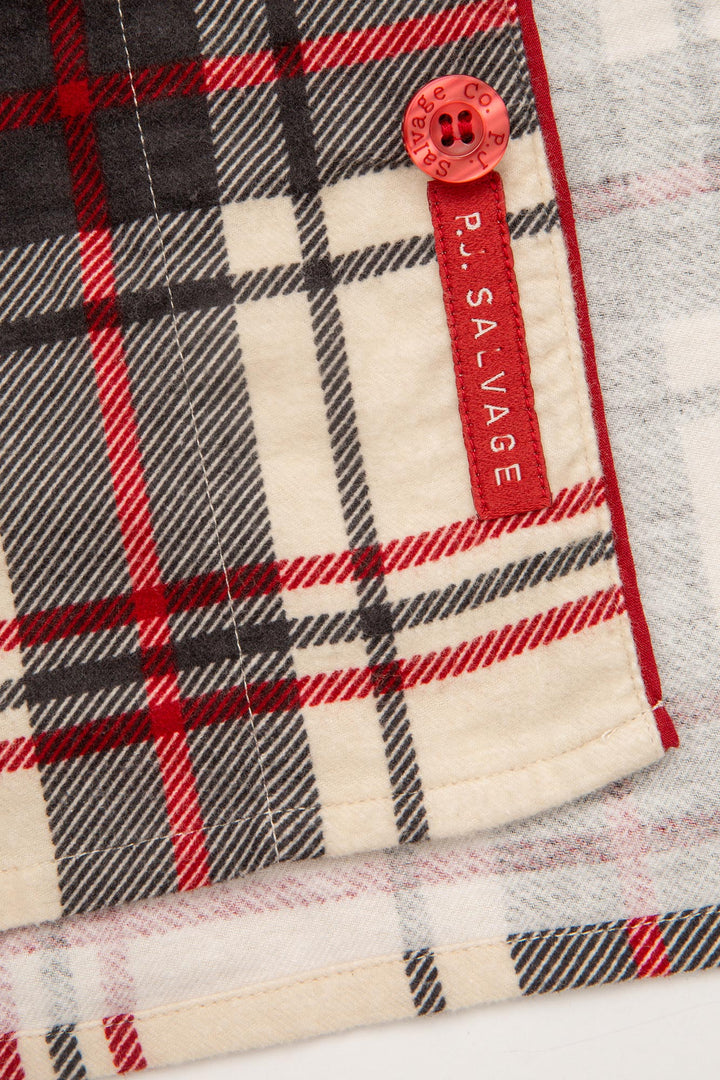 Women's cotton flannel pajama set in tan-red-grey plaid. Button top & tie-waist pj pant, relaxed fit. (7257679233124)