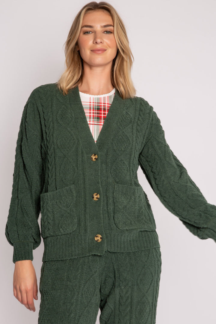 Cardigan sweater in green chenille knit cable pattern. Two lower front pockets & 3-button closure. (7257679298660)