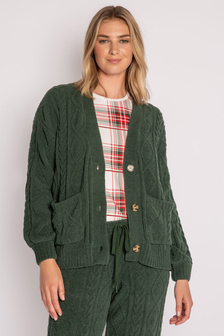 Cardigan sweater in green chenille knit cable pattern. Two lower front pockets & 3-button closure. (7257679298660)