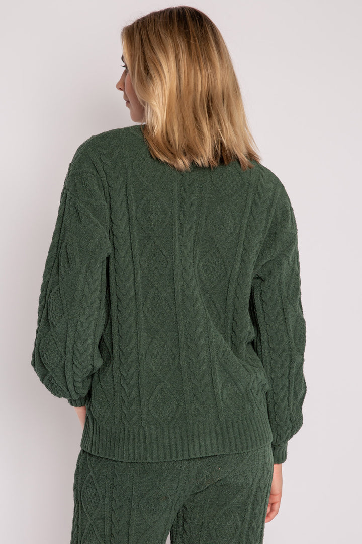 Cardigan sweater in green chenille knit cable pattern. Two lower front pockets & 3-button closure. (7257679298660)