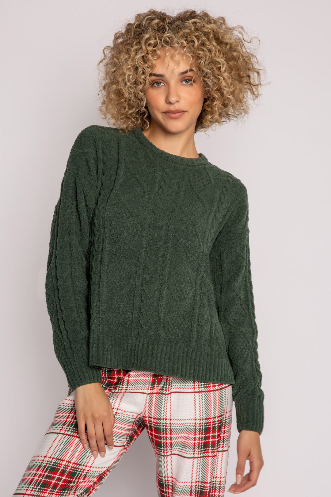 Long sleeve sweater in dark green chenille knit with cable pattern. Relaxed fit with rib cuffs/hem. (7257679396964)