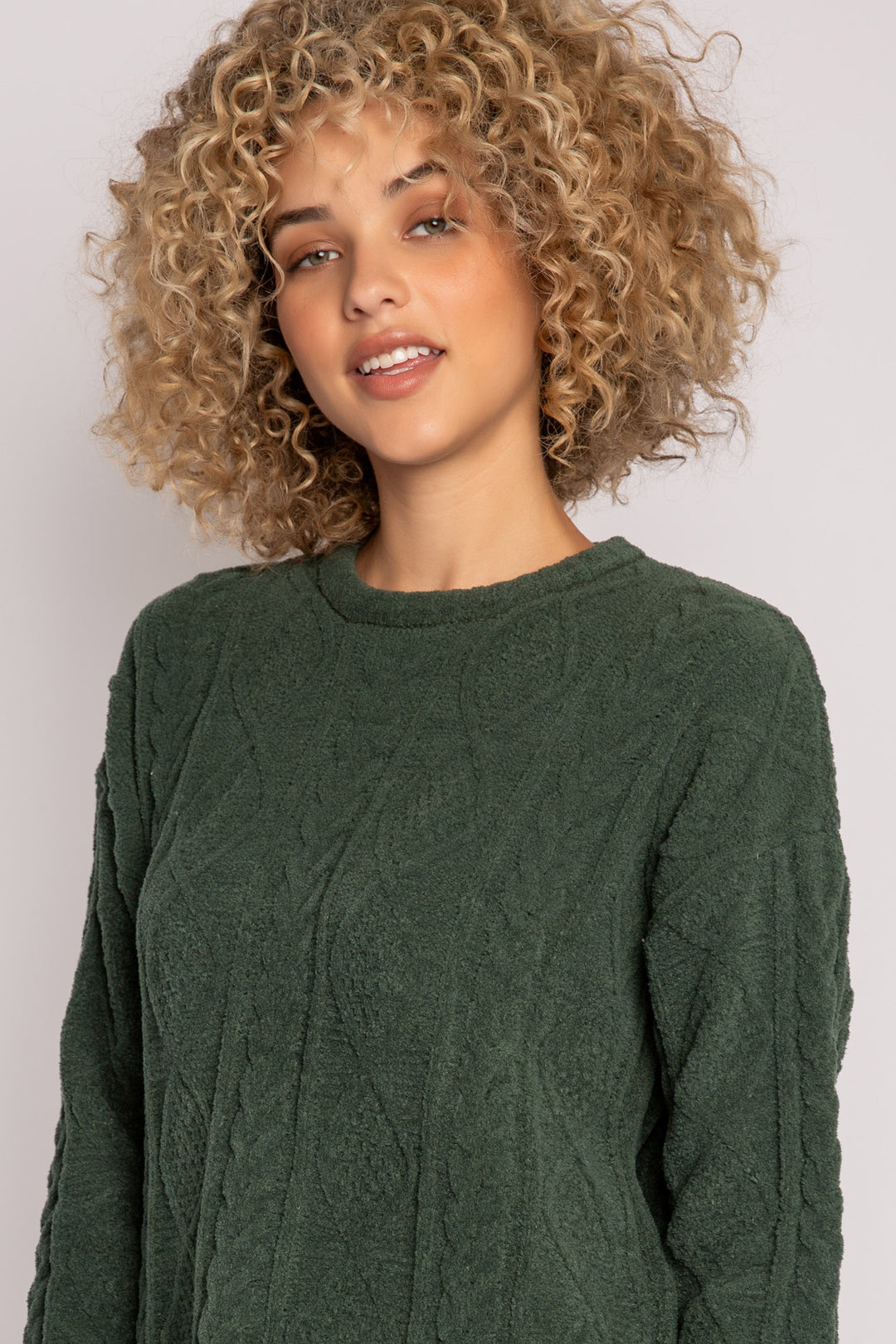 Long sleeve sweater in dark green chenille knit with cable pattern. Relaxed fit with rib cuffs/hem. (7257679396964)