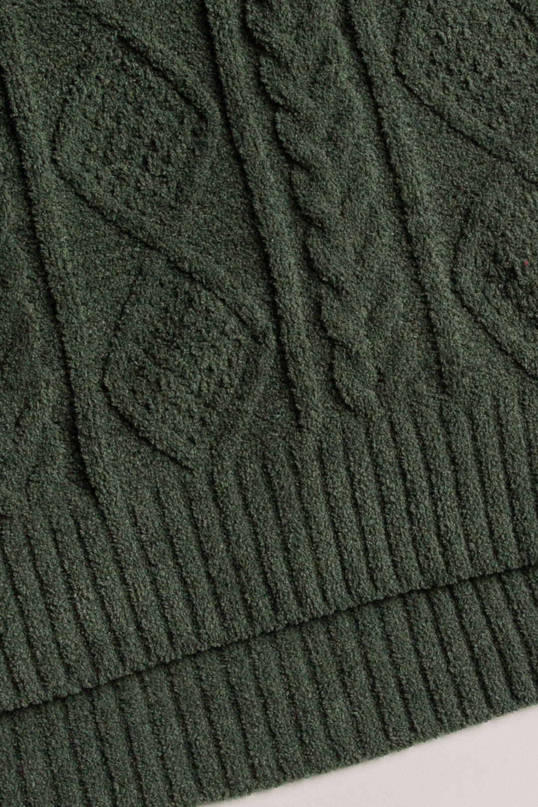 Long sleeve sweater in dark green chenille knit with cable pattern. Relaxed fit with rib cuffs/hem. (7257679396964)