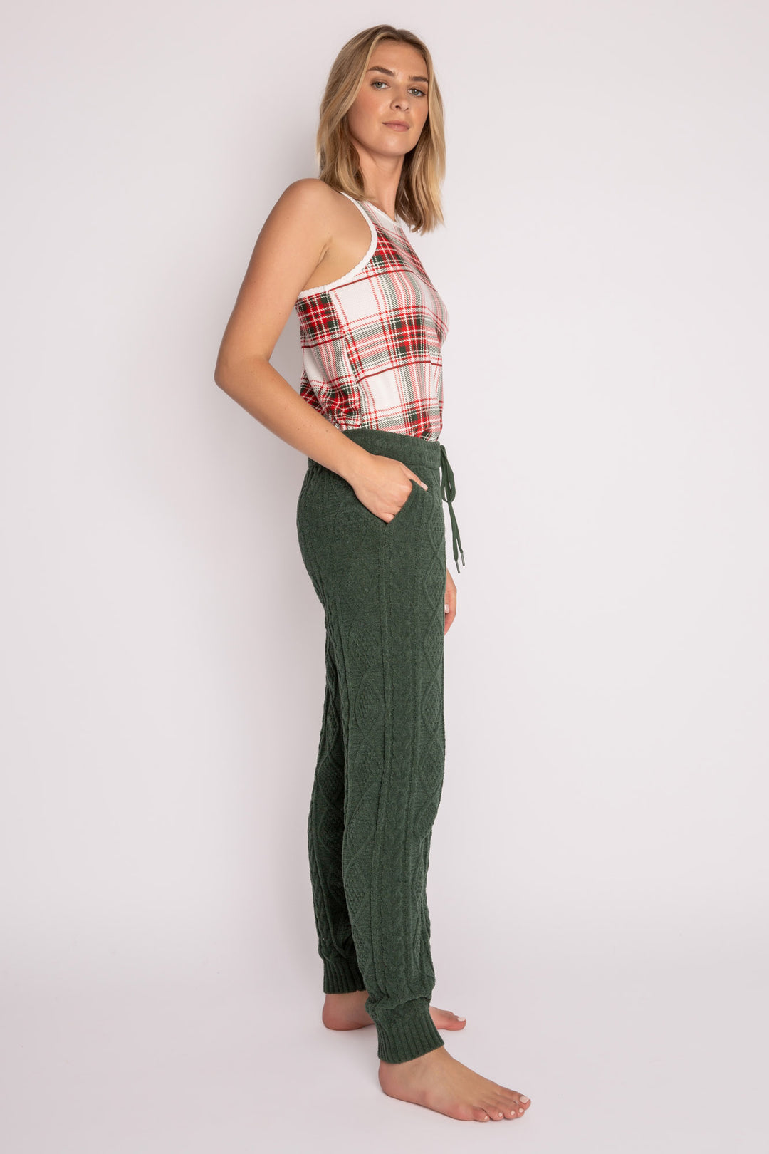 Banded sweater pant in dark green chenille knit with cable pattern. Relaxed fit with rib & tie waist. (7257679462500)