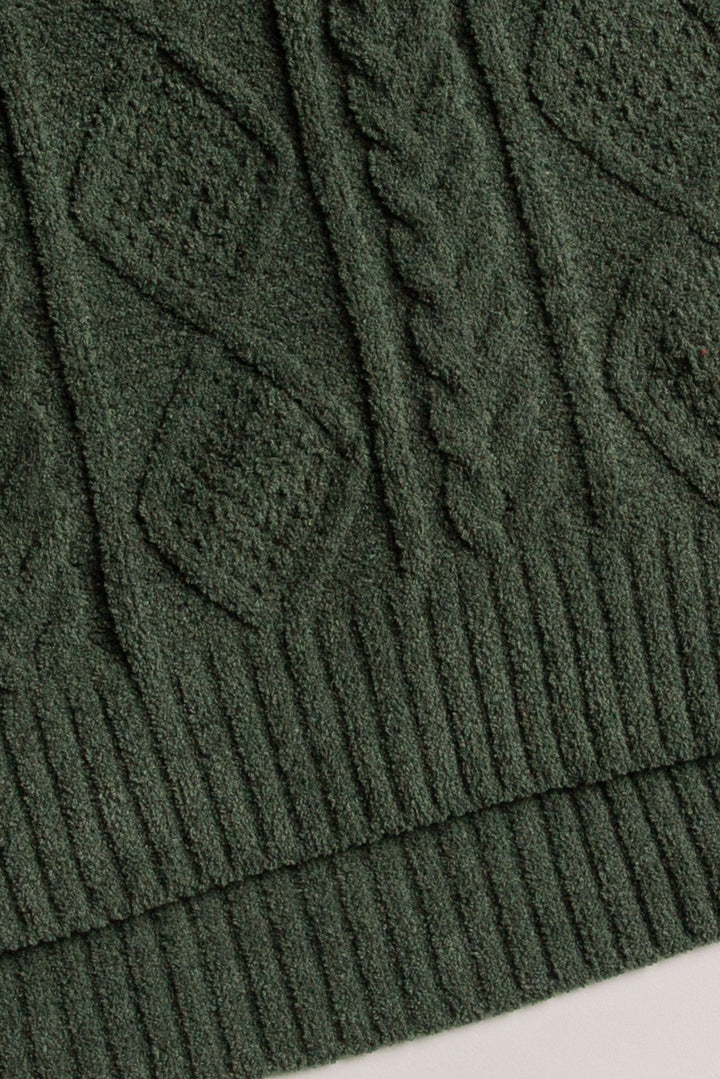 Banded sweater pant in dark green chenille knit with cable pattern. Relaxed fit with rib & tie waist. (7257679462500)