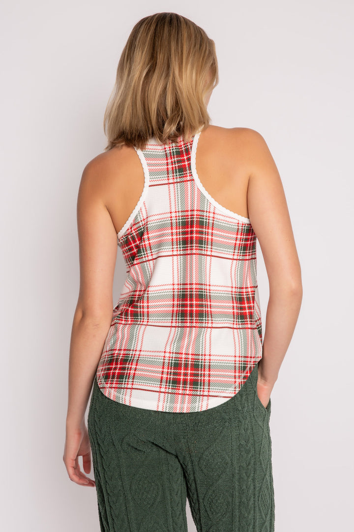 Sleep tank top in ivory-red-green plaid on velour thermal. Scallop edge neck & rounded hem. (7257679560804)