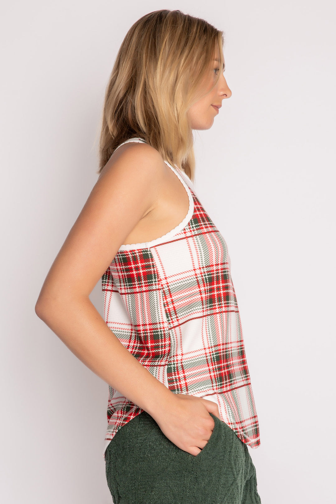 Sleep tank top in ivory-red-green plaid on velour thermal. Scallop edge neck & rounded hem. (7257679560804)