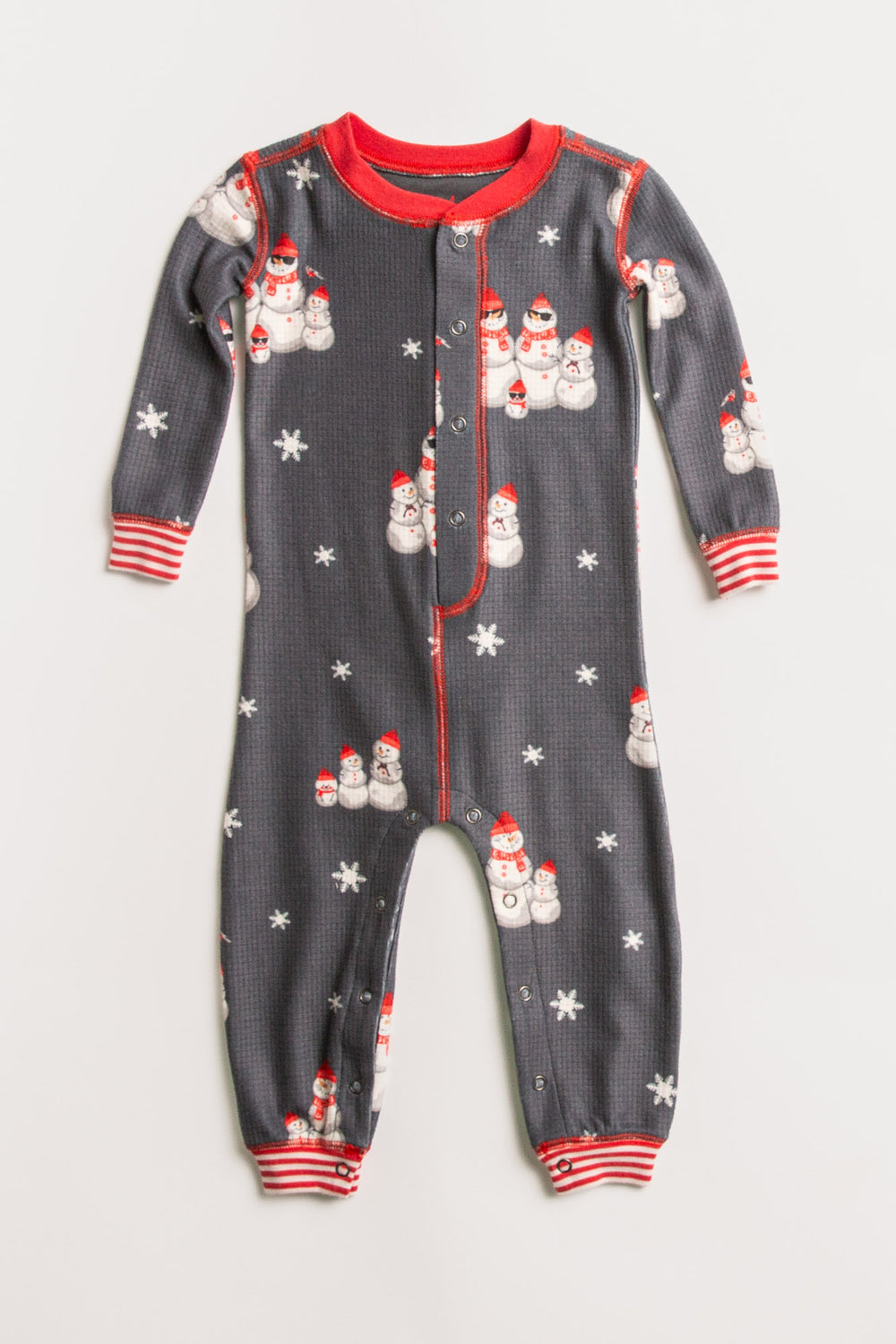 Infant pajama in grey thermal velour with festive snowman print. Red & white striped cuffs. (7257679626340)