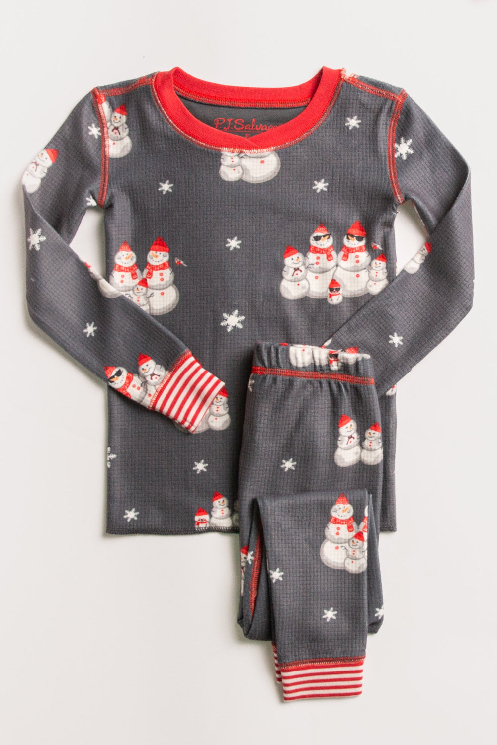Kids' gender-neutral pj set in grey thermal velour with snowman print. Red & white striped cuffs. (7257679659108)