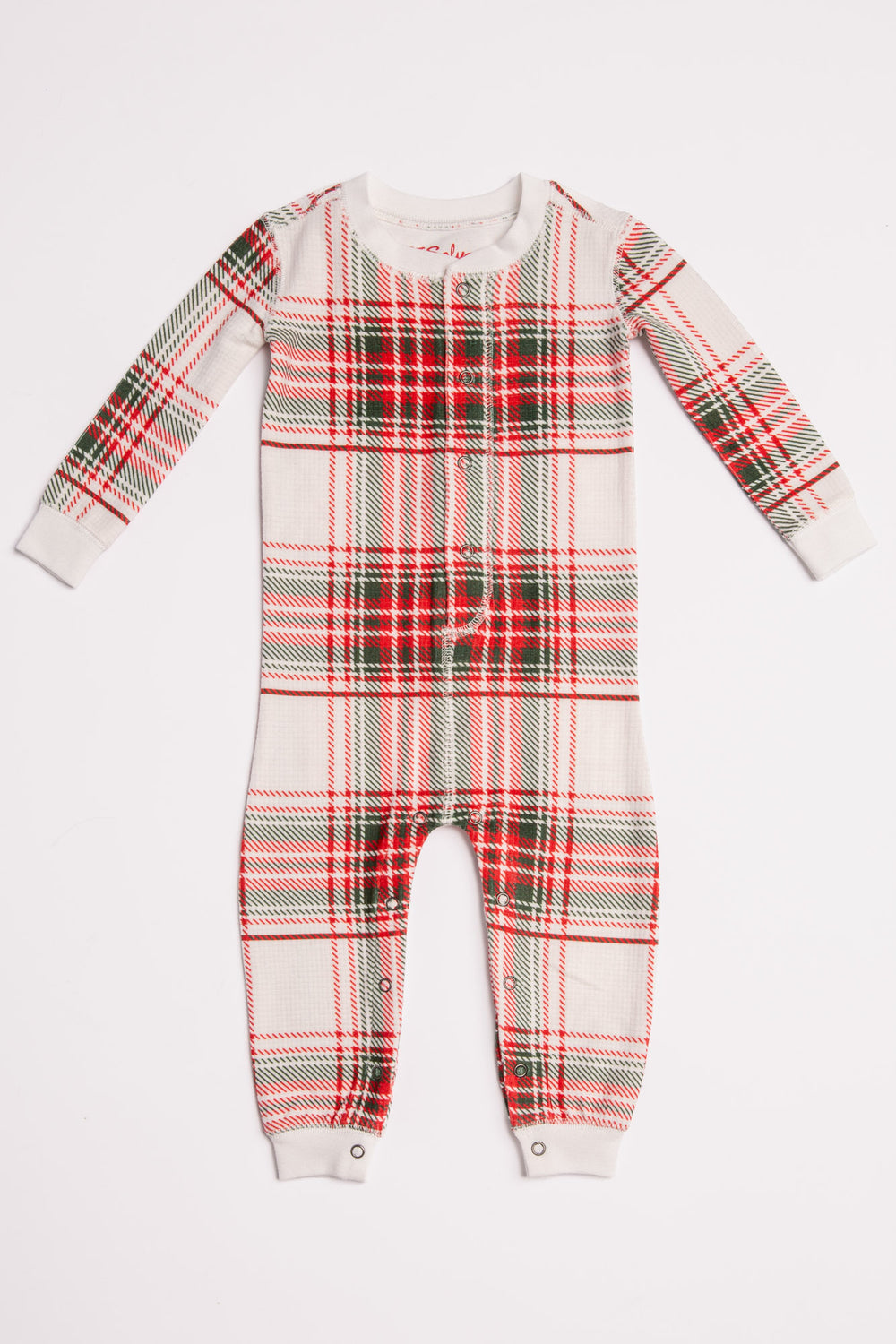 Baby pj romper in gender-neutral ivory-red-green plaid on velour thermal. Covered snaps. (7257679691876)