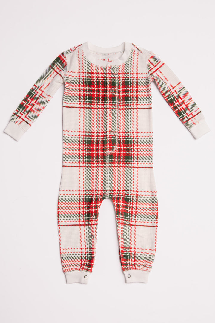 Baby pj romper in gender-neutral ivory-red-green plaid on velour thermal. Covered snaps. (7257679691876)