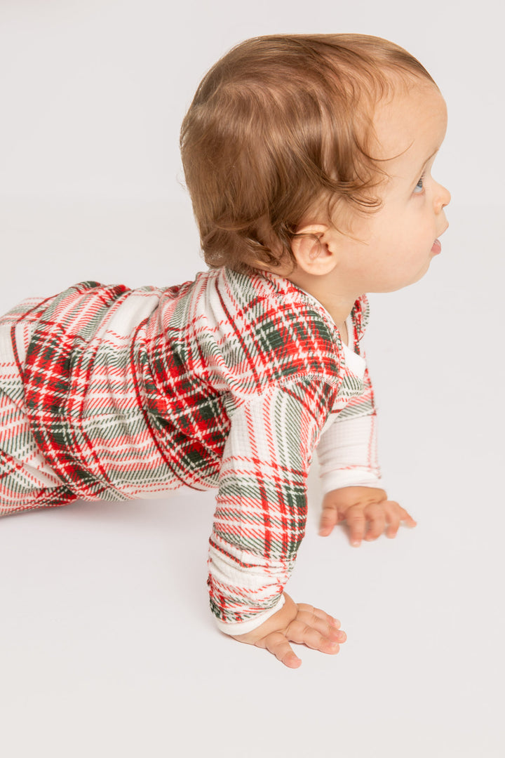 Baby pj romper in gender-neutral ivory-red-green plaid on velour thermal. Covered snaps. (7257679691876)