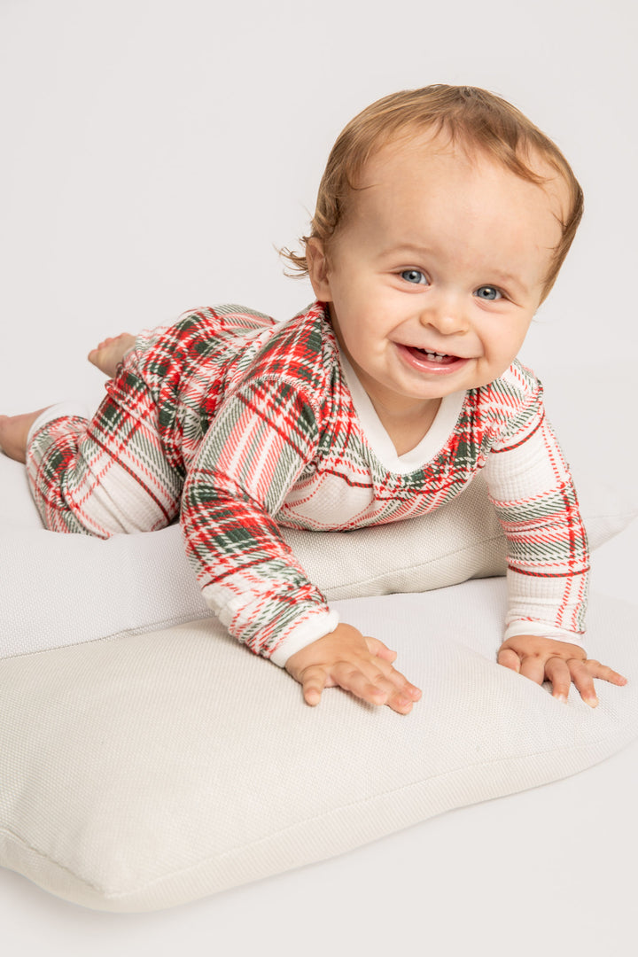 Baby pj romper in gender-neutral ivory-red-green plaid on velour thermal. Covered snaps. (7257679691876)