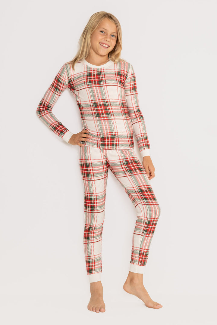 Kids' pajama set in gender-neutral ivory-red-green plaid on velour thermal. Top & pj pant. (7257679724644)