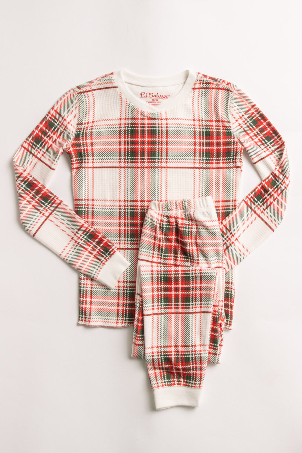 Kids' pajama set in gender-neutral ivory-red-green plaid on velour thermal. Top & pj pant. (7257679724644)