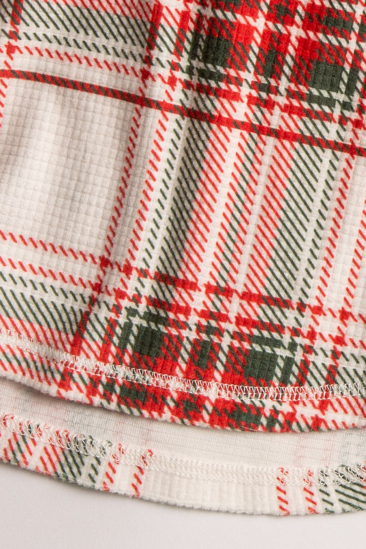 Kids' pajama set in gender-neutral ivory-red-green plaid on velour thermal. Top & pj pant. (7257679724644)