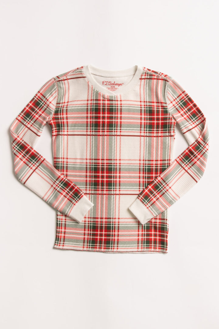 Kids' pajama set in gender-neutral ivory-red-green plaid on velour thermal. Top & pj pant. (7257679724644)